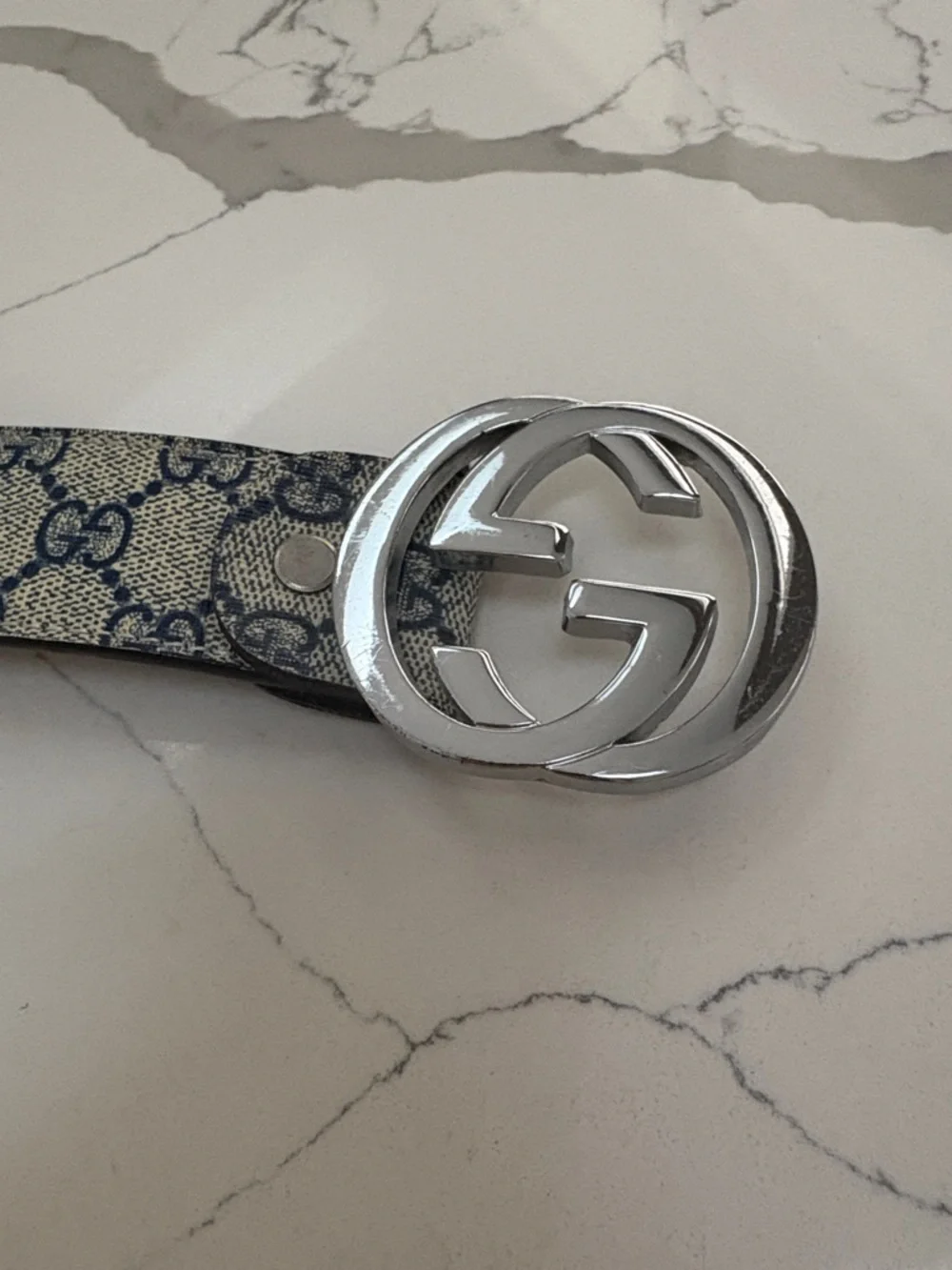 Gucci Beige & Blue Monogram Skinny Belt with Silver GG Buckle